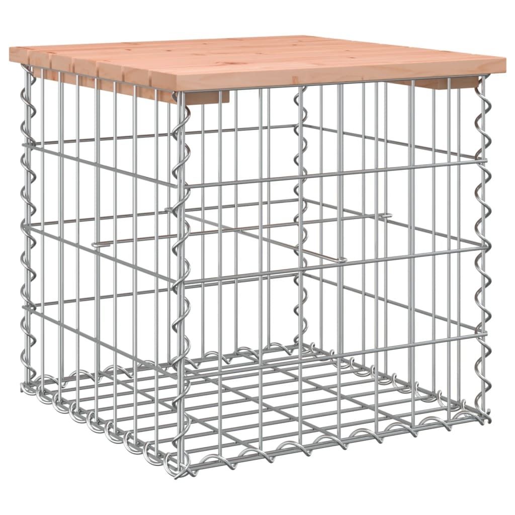 A gabion bench with a wooden top, shown from a slightly elevated angle against a white background.