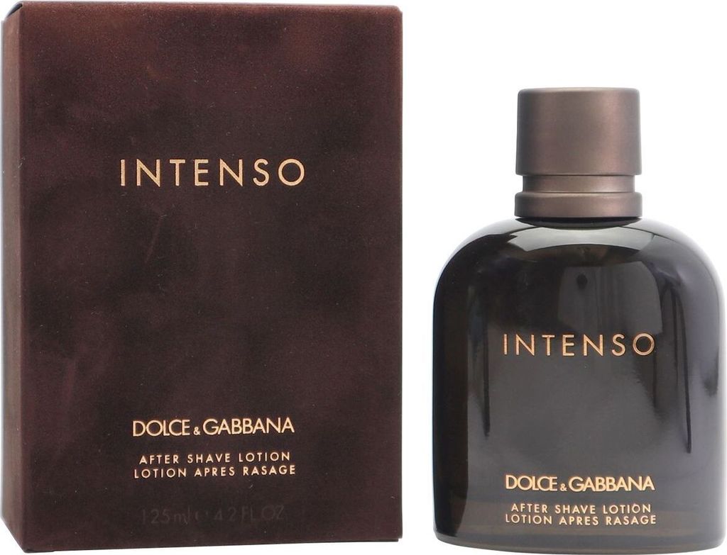 Dunkelbraune Box und passender Flakon der Dolce & Gabbana Intenso After Shave Lotion, schlichtes Design mit goldener Schrift.