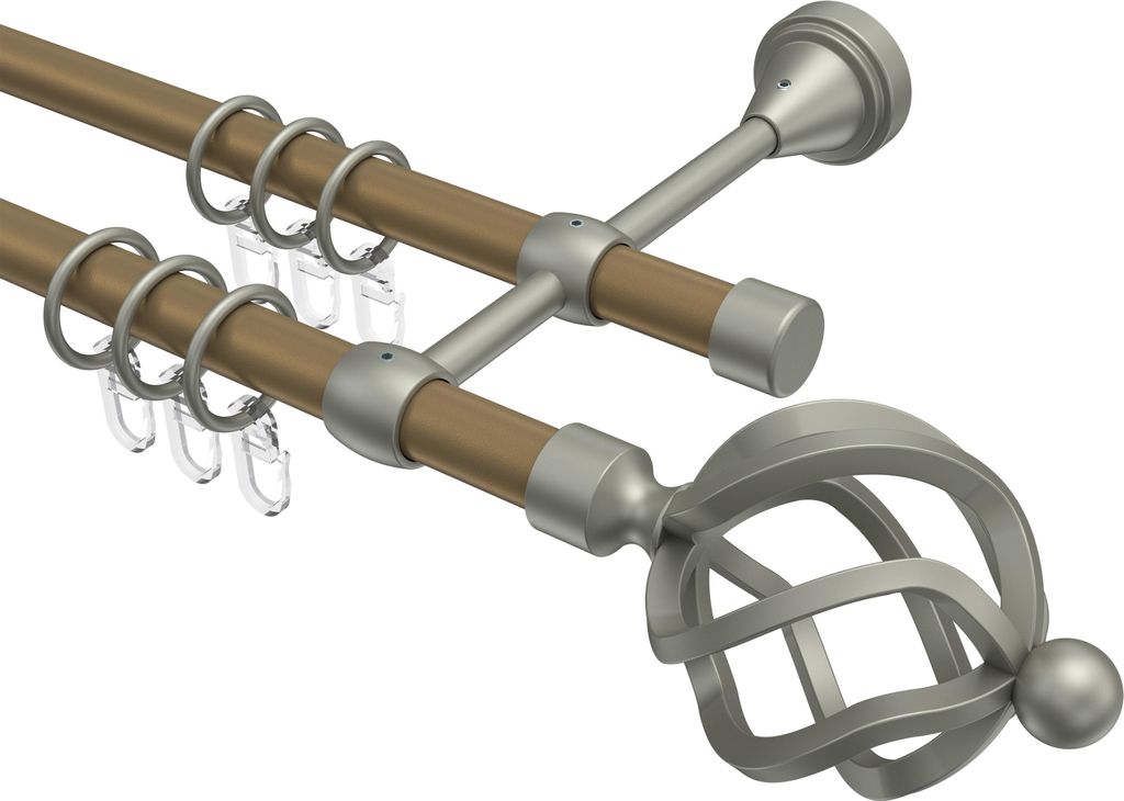 Interdeco Gardinenstange / Vorhangstange Gold matt / Chrom matt, Typ Primus Paolo (Schmiedekugel), 16 mm Ø 2-läufig, 160 cm