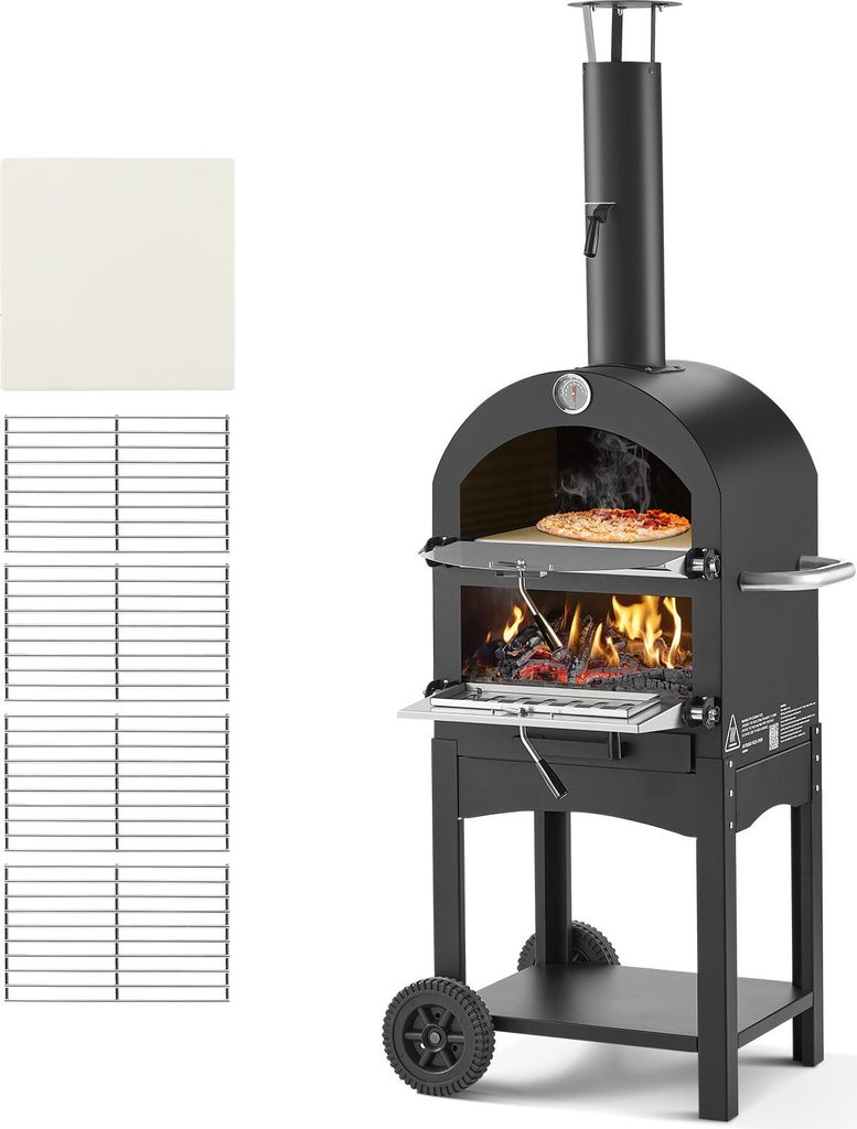 A black pizza oven with a pizza inside, shown on a white background.