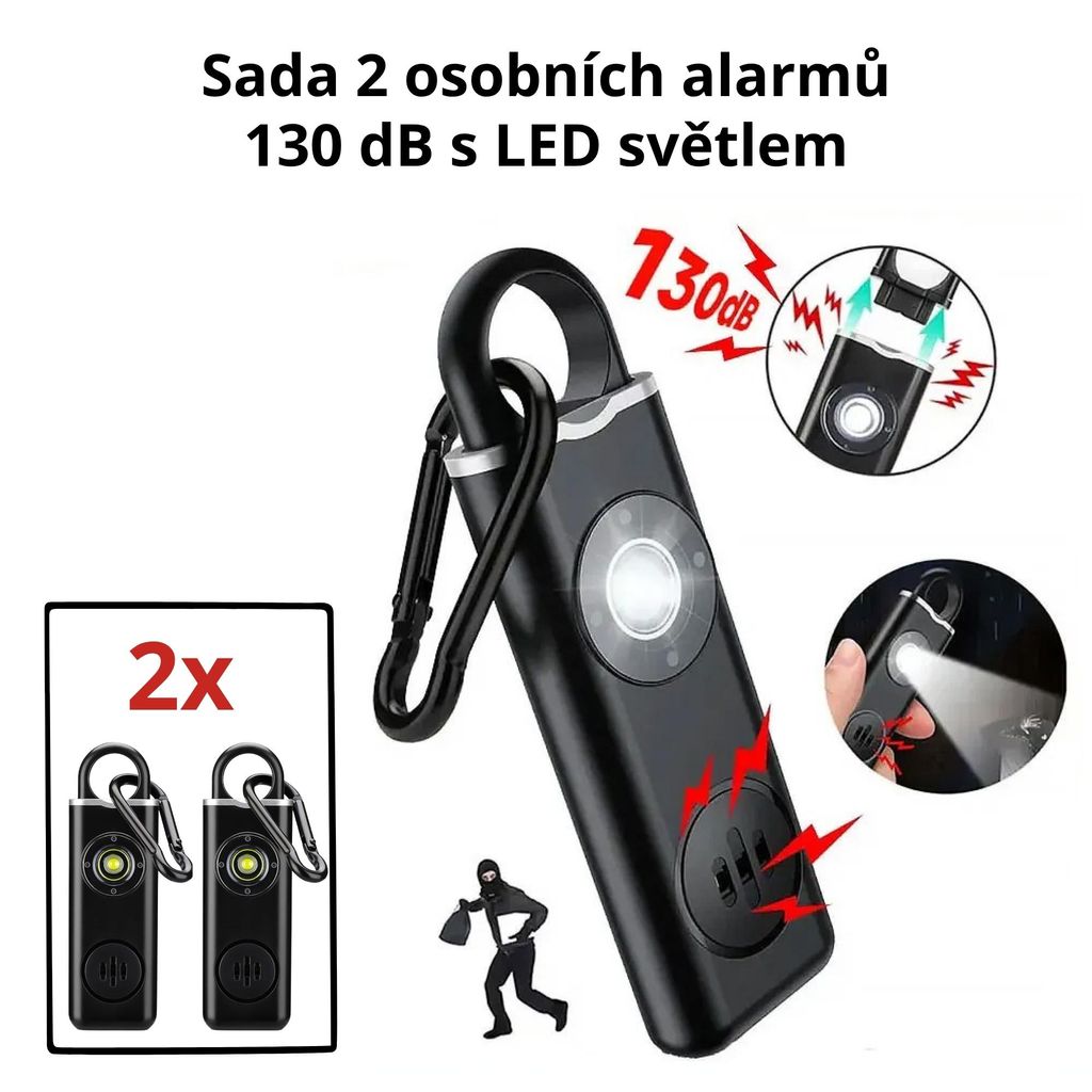 2x Osobní Alarm 130 dB s LED Světlem – Dobíjecí USB-C – Obrázek produktu 
