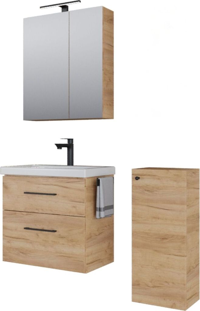 Planetmöbel Badmöbel-Set Waschtisch mit Unterschrank 63 cm, Spiegelschrank 60 cm mit LED-Leuchte (schwarz matt) & Steckdose, inkl. Midischrank Go...