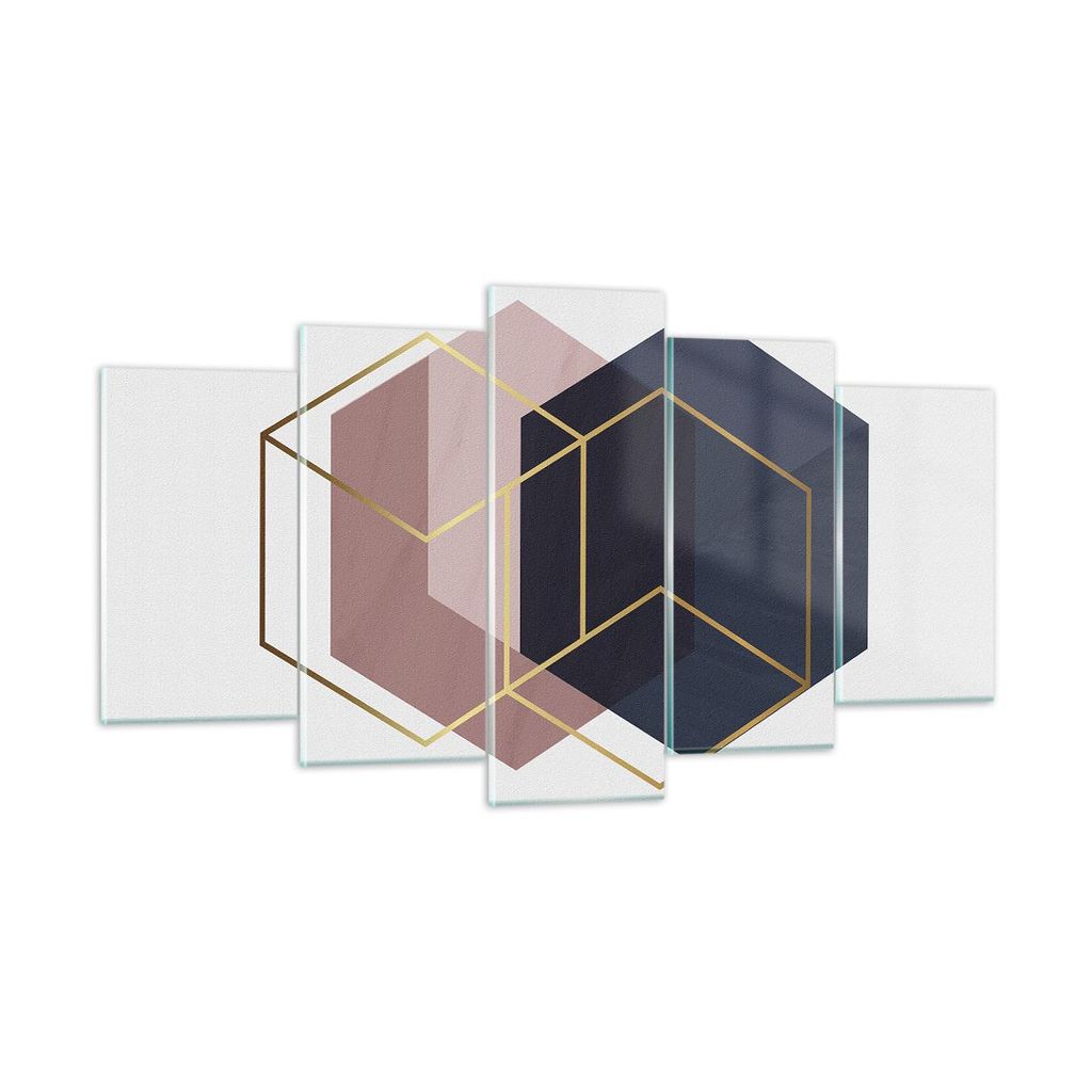 Bilder auf glas - 5 Teile - Sechsecke Modern Gold - 160x85cm - Glasbilder - Wandbilder - Bilder - zum Aufhängen bereit - Wanddekoration aus Glas -...
