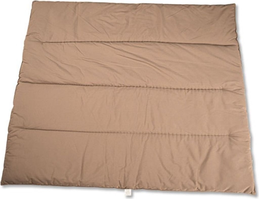 A tan colored quilted mat or mattress pad is shown lying flat on a white background.
