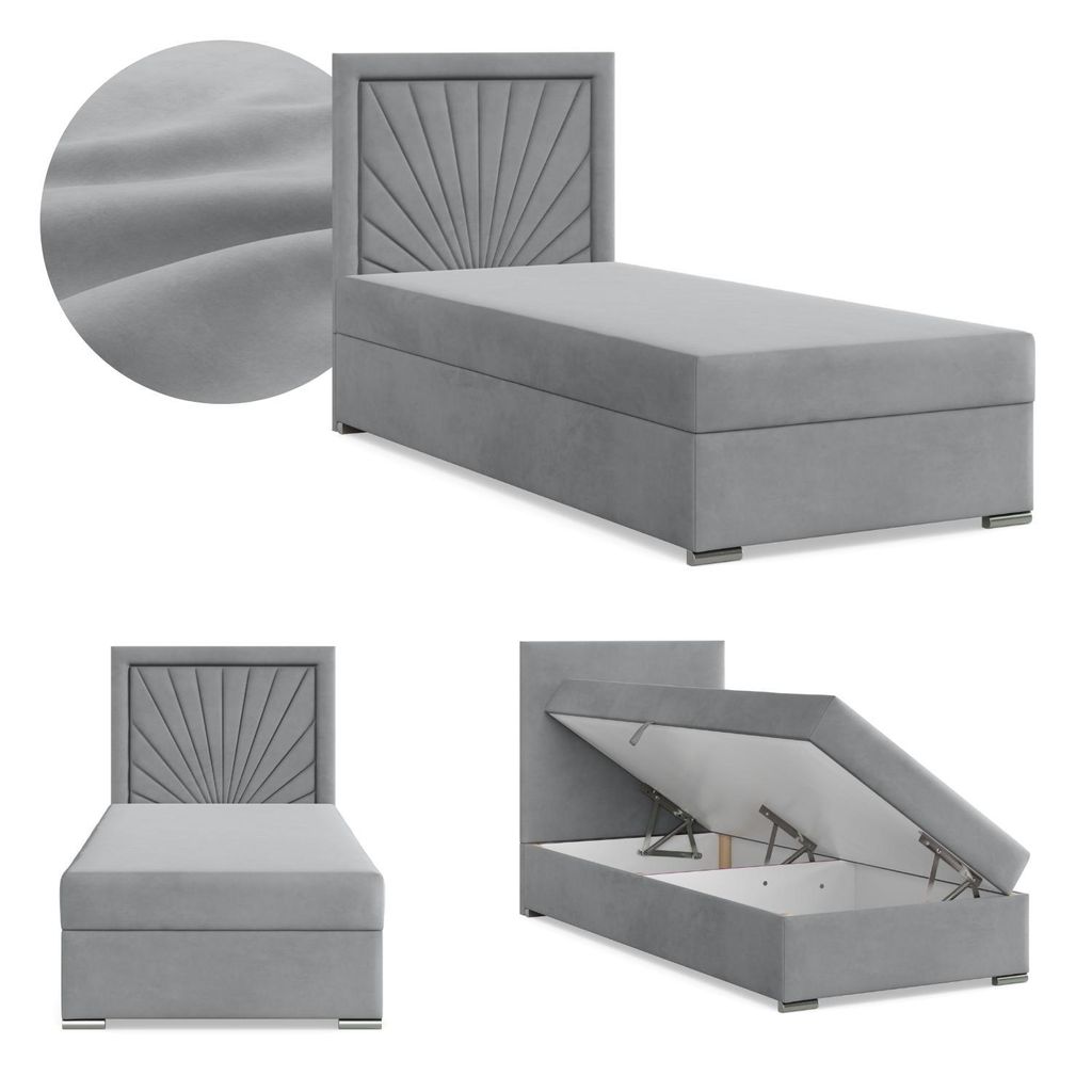 Boxspringbett mit Bettkasten, Einzelbett 90x200, Polsterbett mit Kopfteil, mit Bonell Matratze, Jugendbett, Kinderbett, Samt-Velours, VICENZA Hellgrau