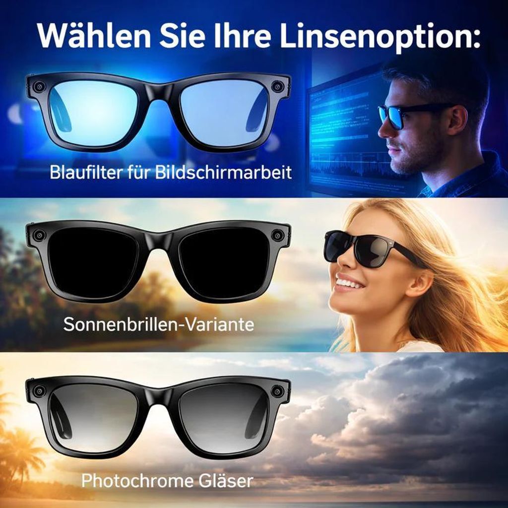 Occhiali Smart Con Fotocamera 720p E AI – Bluetooth 5.4, Lenti Anti-Luce Blu, Batteria 260mAh, Impermeabili IP65