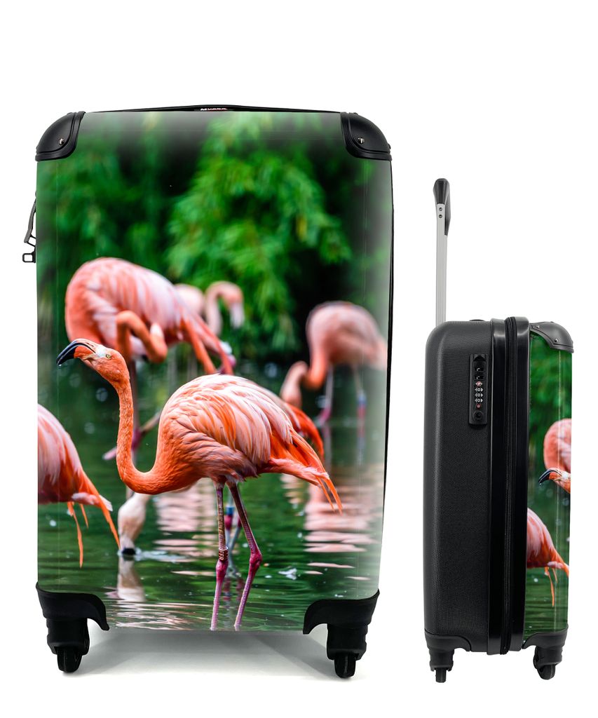 MuchoWow Koffer Handgepäck Trolley Rollkoffer Kleine Reisekoffer mit 4 Rollen - Flamingo - Tropisch - Vogel - Wasser - Rosa - Cabin Size < 55x40...