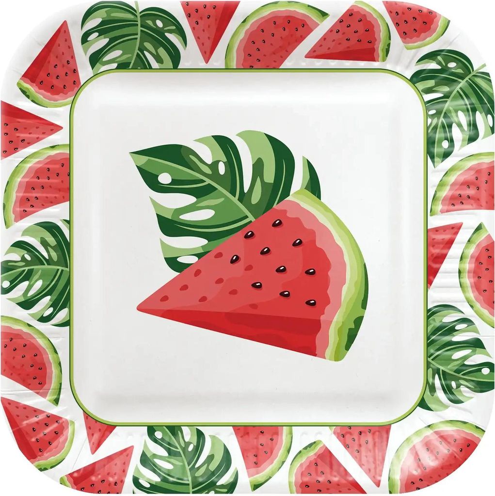Quadratische Pappteller „Wassermelonen“, 23 x 23 cm, 8 Stück.