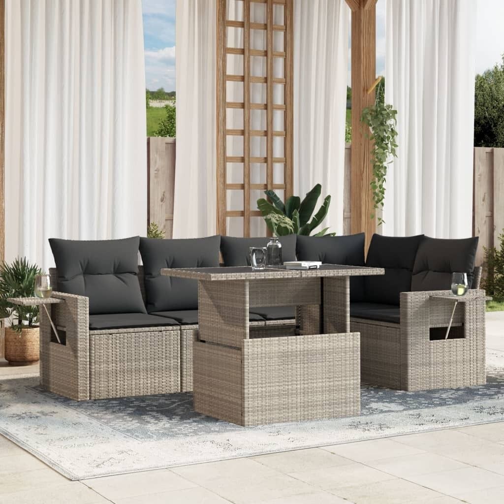 "Rabatt" 6-tlg. Garten-Sofagarnitur - mit sofa - mit Kissen Hellgrau Poly Rattan - Lounge-Dining set CC10449