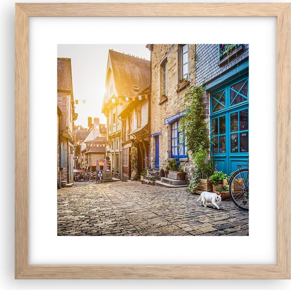 Gerahmtes Poster - Rahmen in heller Eiche - stadt straße katze - 30x30 cm - Wand Bild - Wanddeko - Wandbilder - Wandposter - Bilderrahmen - Bilder...