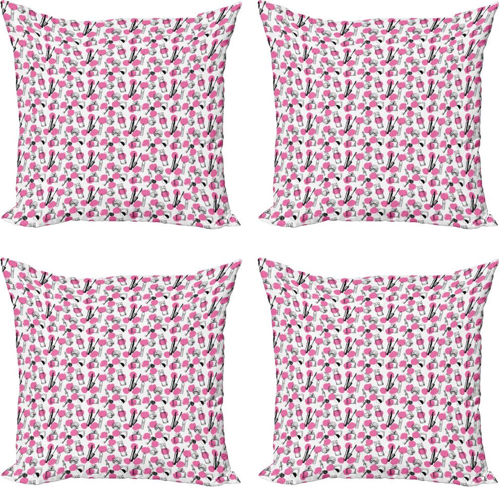 ABAKUHAUS Feminin Kissenbezug Set (4 Stück), Parfüm Lippenstift Make-up, Moderner Doppelseitiger Digitaldruck, 50 cm x 50 cm, Rosa und Dunkelgrau