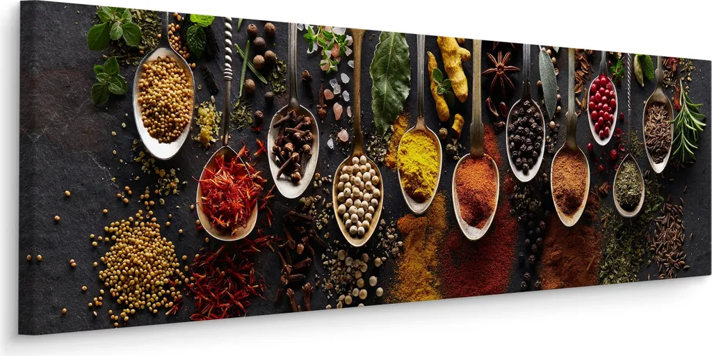 Quadro panoramico su tela spezie posate erbe aromatiche 3D decorazione murale l. 145 cm x h. 45 cm