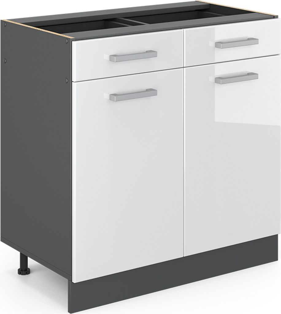 A studio shot of a kitchen base cabinet.