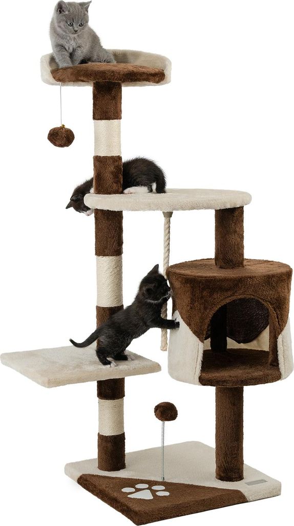 lionto Kratzbaum für Katzen 112 cm hoch, mit Höhle, Sisalseil, Plüschbällen & Wandhalterung, kompakter Kletterbaum, braun/beige