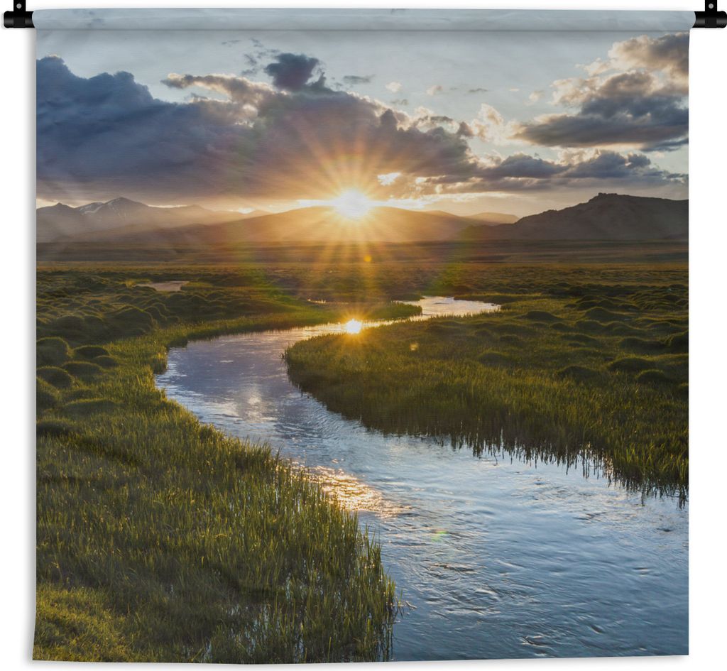 MuchoWow Wandteppich Wandbehang Sonnenuntergang über einem ruhigen Fluss 150x150 cm Tapisserie Dekoration Wandtuch - Wohnaccessoires - Modernes
