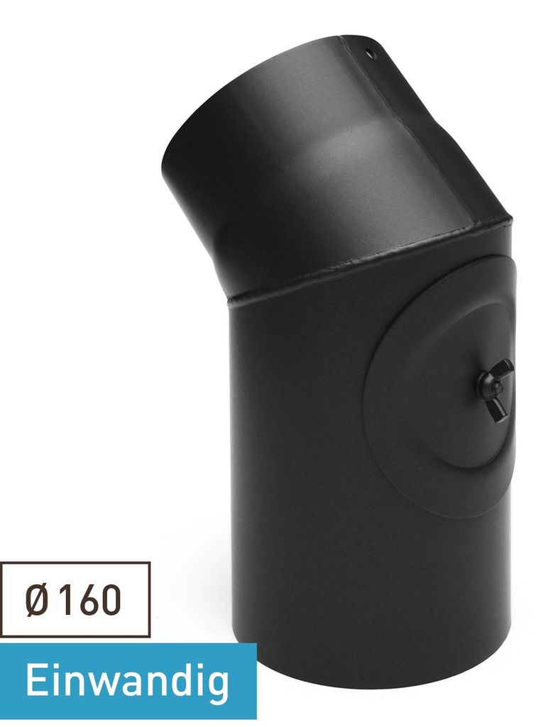 Raik Basic Rauchrohrbogen 160mm schwarz 45° mit Tür für Rauchrohr / Ofenrohr