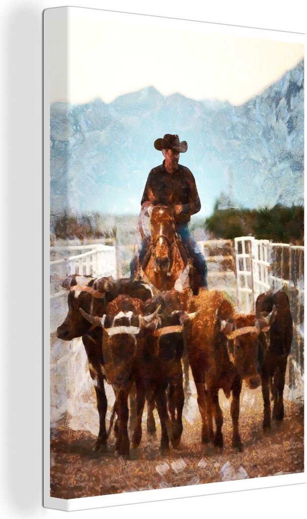 OneMillionCanvasses - Leinwandbilder - 90x140 cm, Cowboy - Kühe - Amerika, Wandbilder Kunstdruck Wanddekoration - Wandschmucke - Schlafzimmer