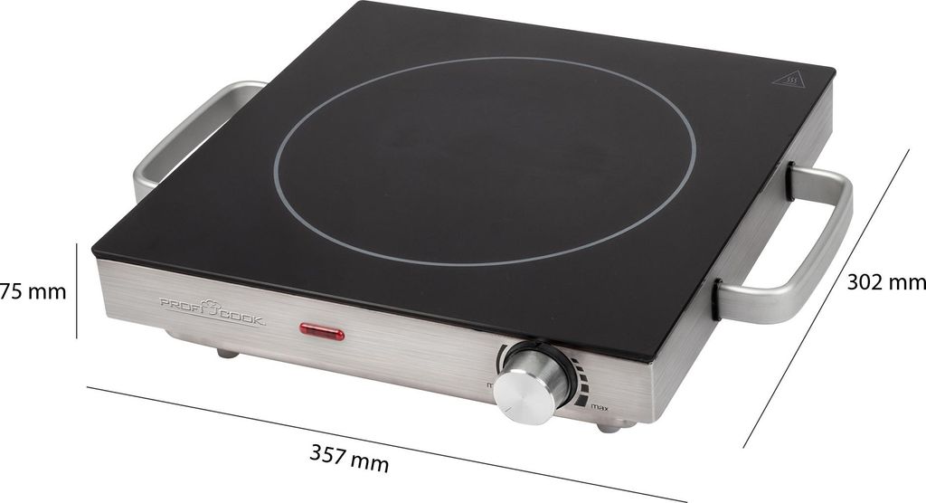 A single induction cooktop on a white background with dimensions indicated.