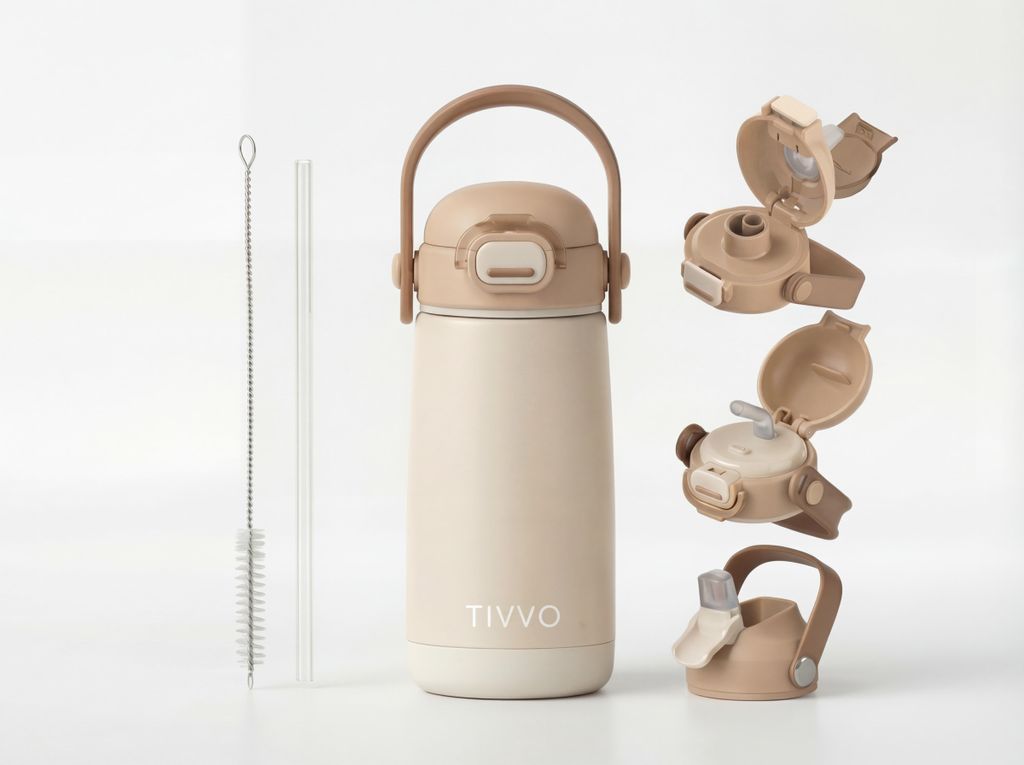 TIVVO Kinder Trinkflasche Edelstahl 420ml – Thermo Flasche mit 3 Verschlüssen, Auslaufsicher & BPA-Frei, Gelb
