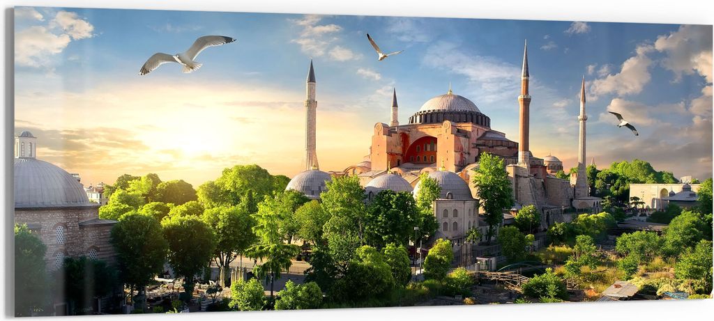 DEQORI Glasbild Echtglas 150x60 cm 'Hagia Sophia am Abend' Wandbild Bild modern Deko