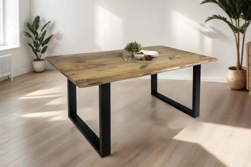Esstisch Tiger 180 x 90 cm, Mangoholz massiv & naturfarben, Baumkantentisch mit U-Metallgestell in Schwarz, echte Baumkante, Esszimmertisch in Vint...