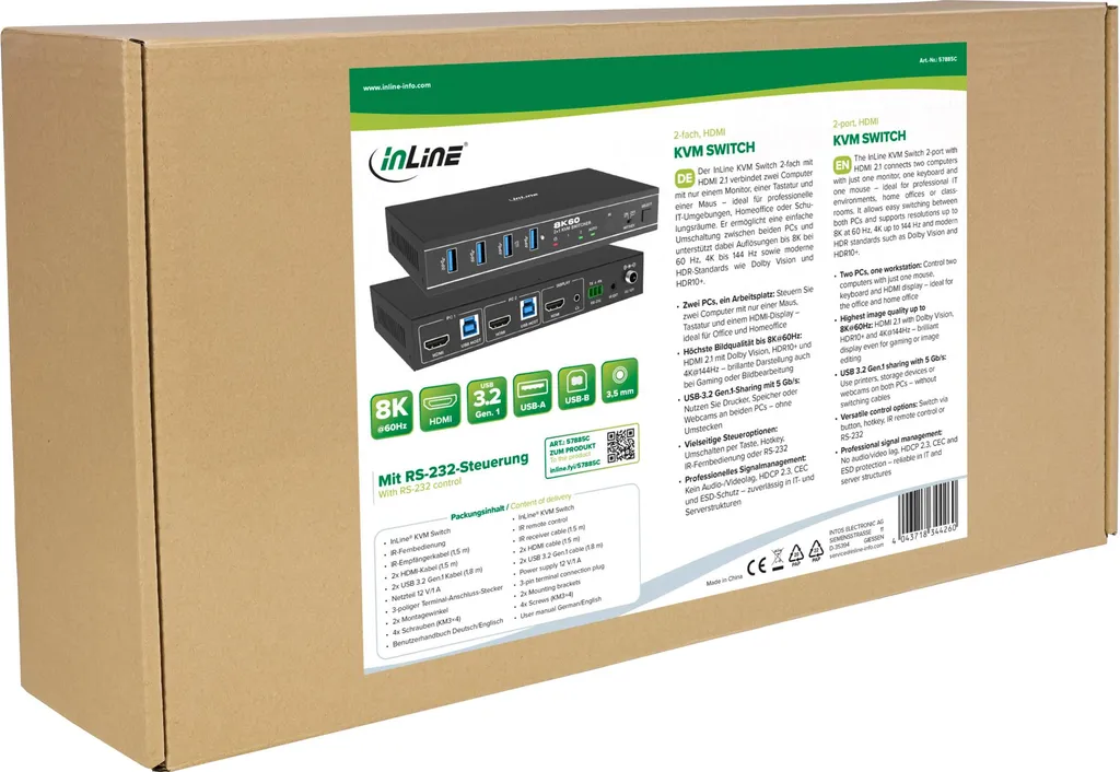 Switch KVM 8K 60Hz InLine USB 3.2 - Commutation IR et RS-232 Fluide - 6