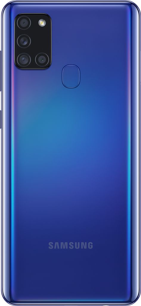 The back of a blue Samsung Galaxy A21s smartphone is shown against a white background.