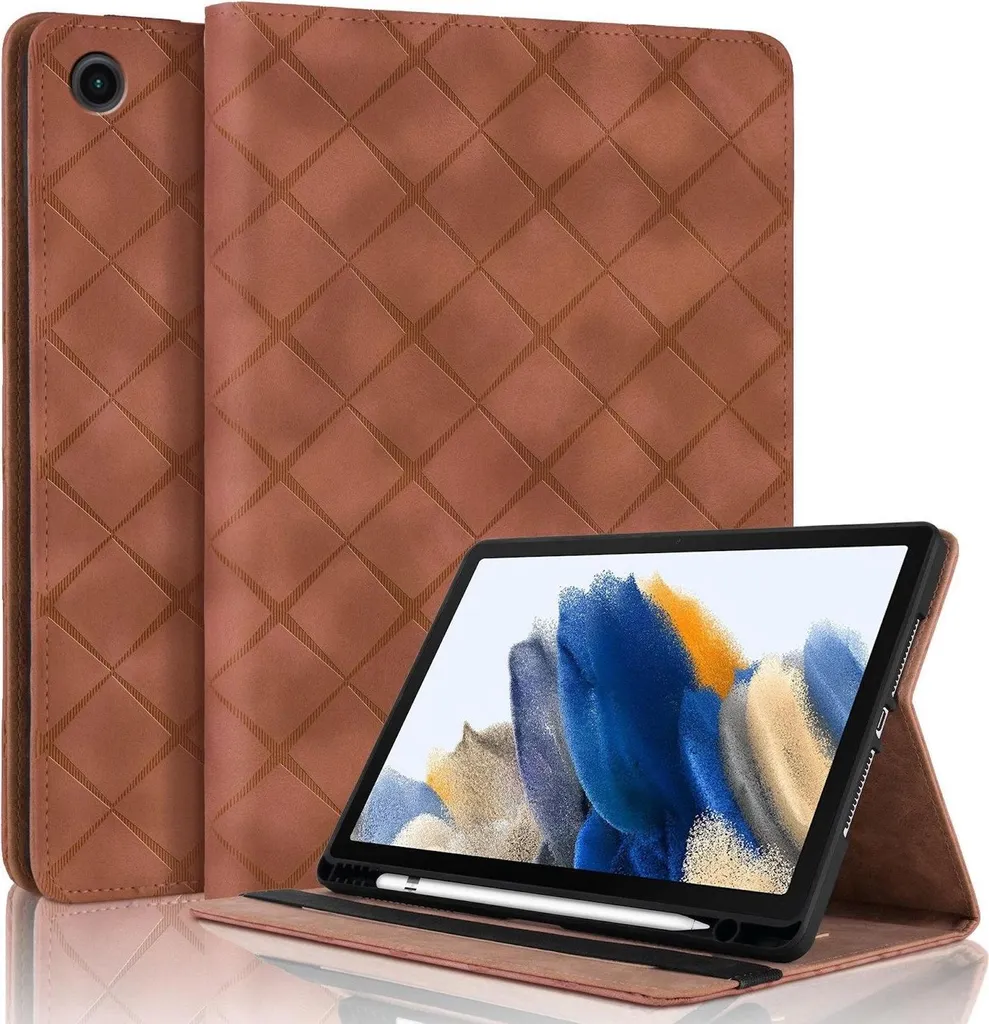 Per Samsung Galaxy Tab A9 custodia stand-up in ecopelle con motivo a rombi Marrone