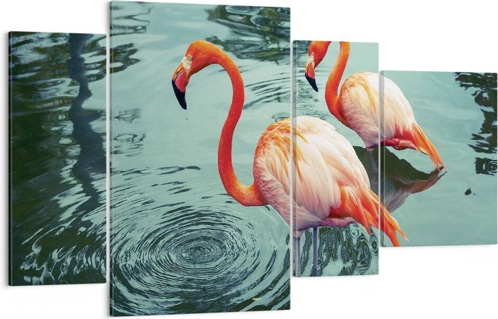 Bild auf Leinwand - Leinwandbild - 4 Teile - Rosa Flamingos Wasser - 120x70cm - Wand Bild - Wanddeko - Wandbilder - Leinwanddruck - Bilder - Wandde...