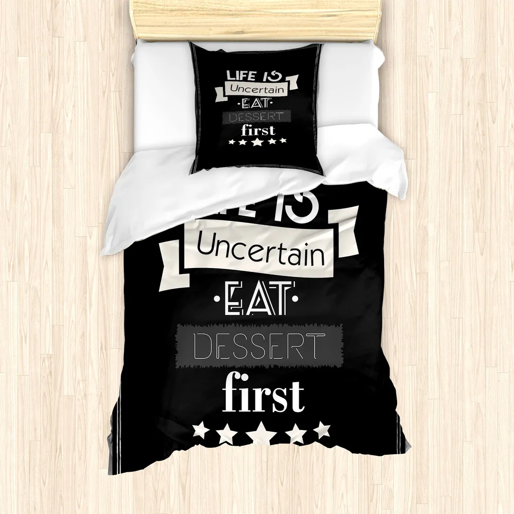 ABAKUHAUS Dessert prima di tutto Set copripiumino letto singolo, La vita è incerta Tema cibo, Antiacaro Adatto a chi soffre di allergie con federa, 135 x 200 cm - 80 x 80 cm, Grigio antracite e bianco