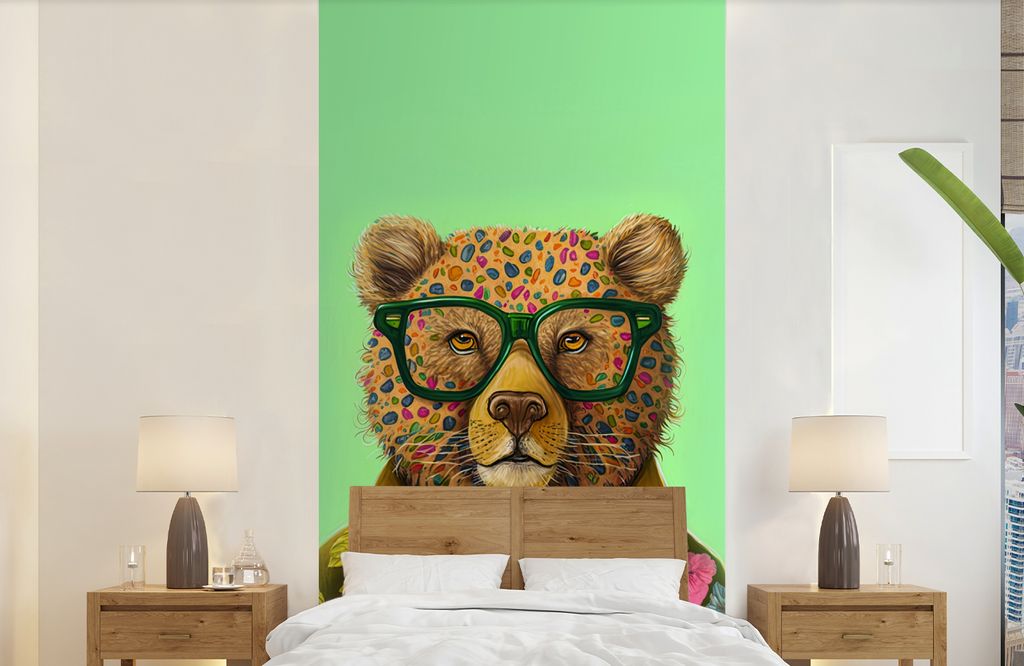 MuchoWow Fototapete für Wohnzimmer oder Schlafzimmer Wandtapete Vinyl Motivtapete Bär - Farben - Brillen - Tier - Blumen - 120x240 cm - Hinterg...