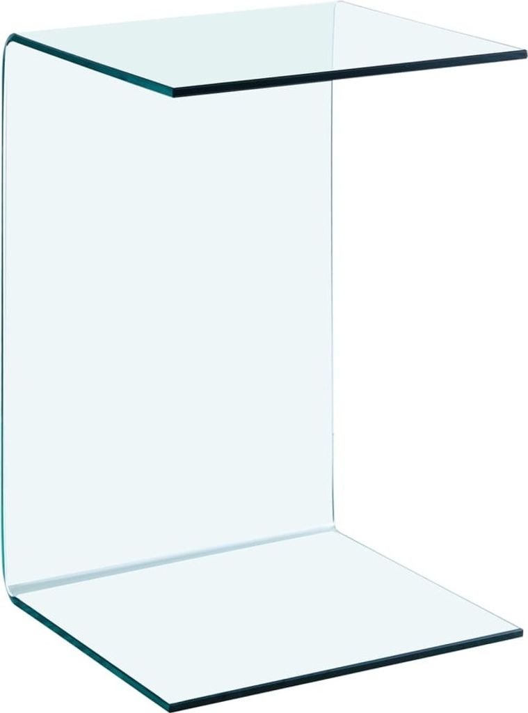 A clear glass side table with a C-shaped design, presented against a white background.