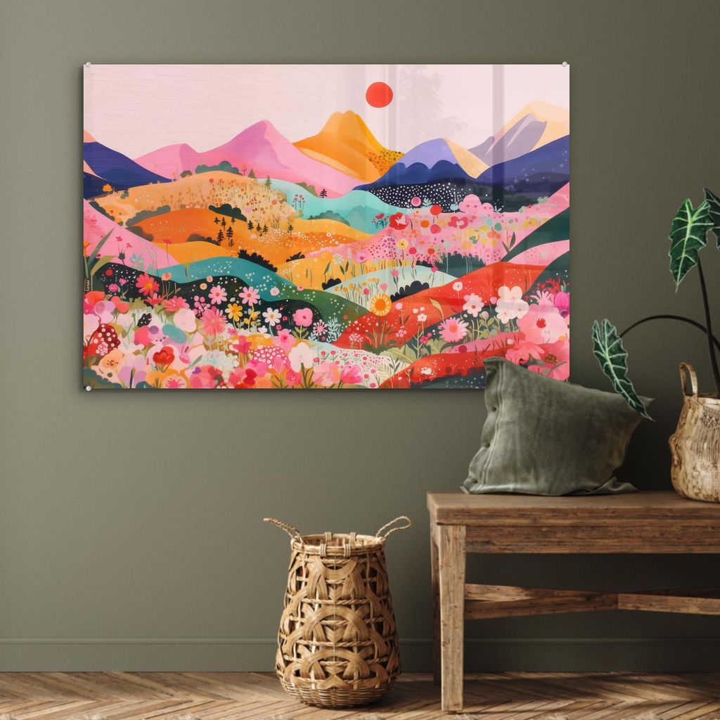 MuchoWow Glasbilder - Bilder auf Wandbild - Foto auf Glas Bunte Blumen - Berge - Fantasielandschaft 120x80 cm Wanddekoration aus Glas - Acrylglasbi...