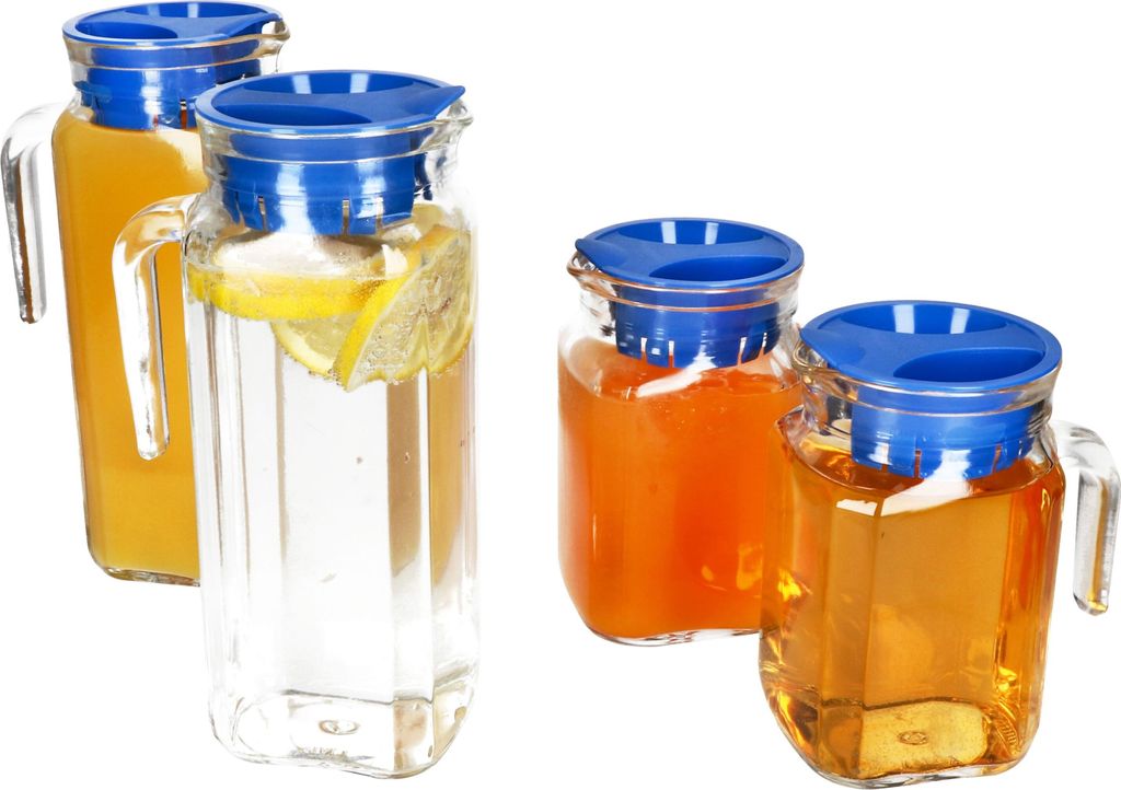 4x KARO & KORA Kühlschrankkrug mit Deckel blau 1L & 0,5L Glas-Karaffe Kanne Saft