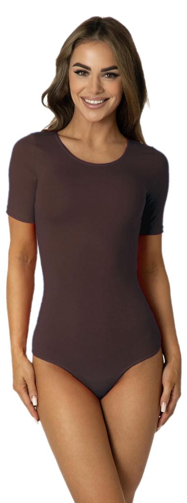Alkato Damen Kurzarm Body Baumwolle Bodysuit mit Rundhalsausschnitt blickdicht, Farbe: Braun, Größe: M (Long 170-176 cm)