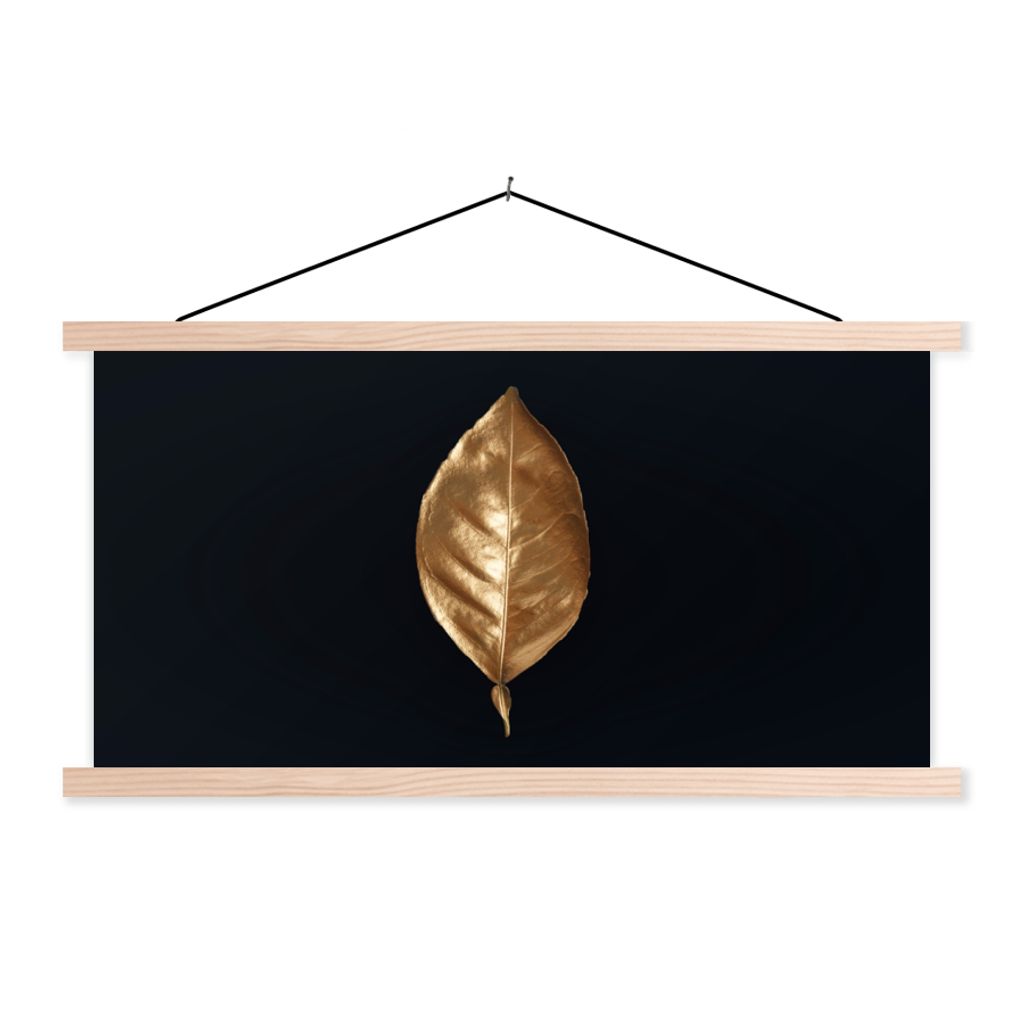 MuchoWow Textilposter Blätter - Chic - Gold - Pflanzen - Schwarz 60x30 cm mit holzfarbenen Rahmen - Dekoration