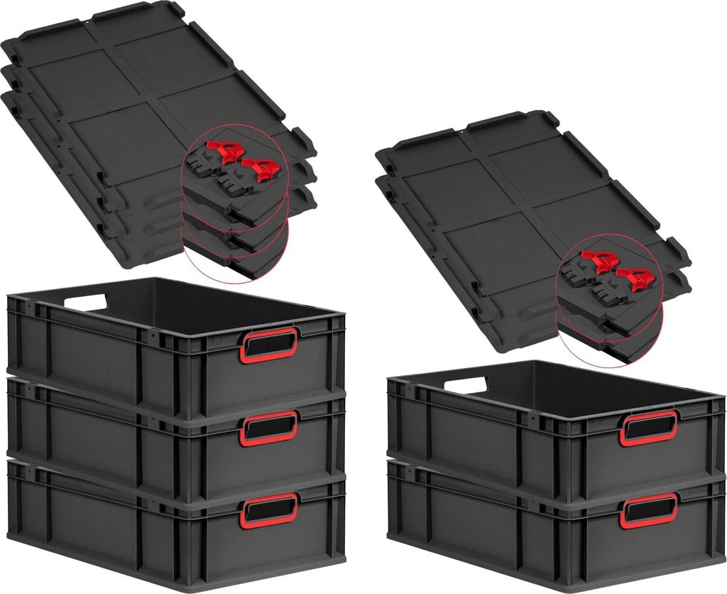 SuperSparSet 5x Eurobox NextGen Color mit Scharnierdeckel und Schiebeschnappverschlüssen | HxBxT 17x40x60cm | 34 Liter | Schwarz | Griffe rot offe...
