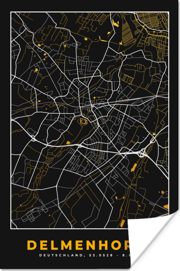 MuchoWow Poster Delmenhorst - Gold - Stadtplan - Karte - Deutschland 120x180 cm - Kunstposter