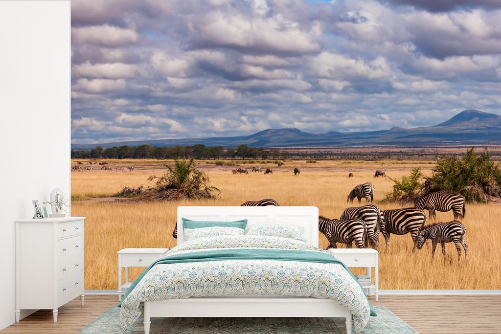 MuchoWow Fototapete für Wohnzimmer oder Schlafzimmer Wandtapete Vinyl Motivtapete Zebras im Masai Mara-Nationalpark in Kenia - 390x260 cm - Papi...