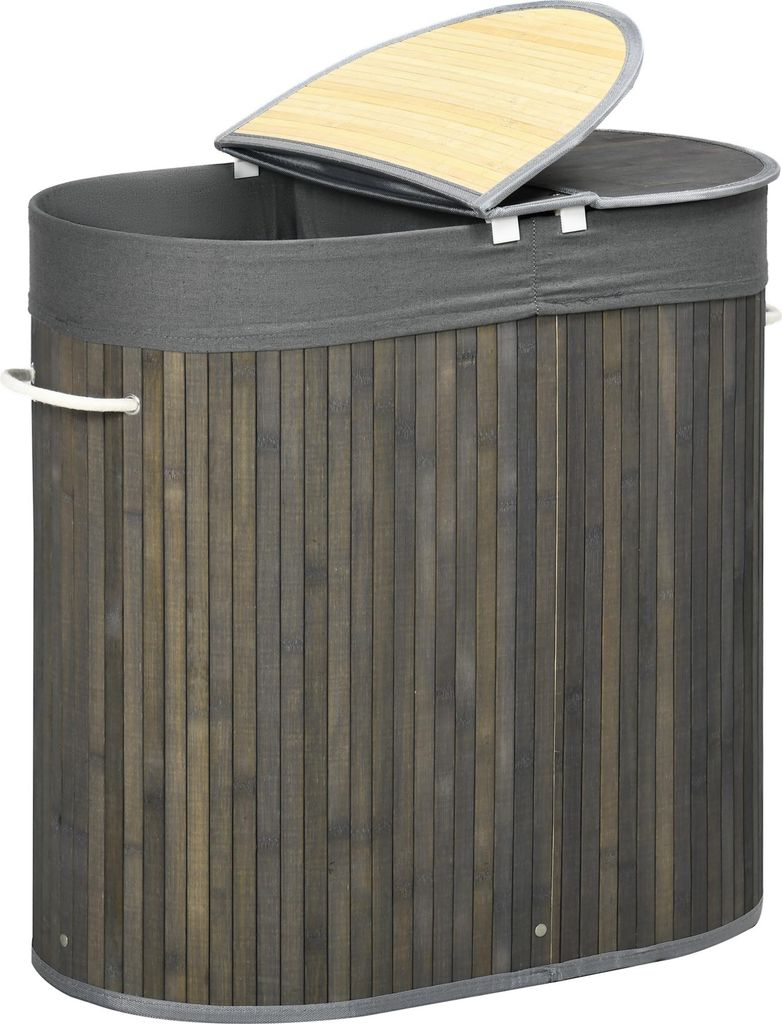 100 L Wäschekorb mit Deckel, Griff, 2 Abschnitte, herausnehmbarer Wäschesack, für Schlafzimmer, Badezimmer, Bambus, Grau