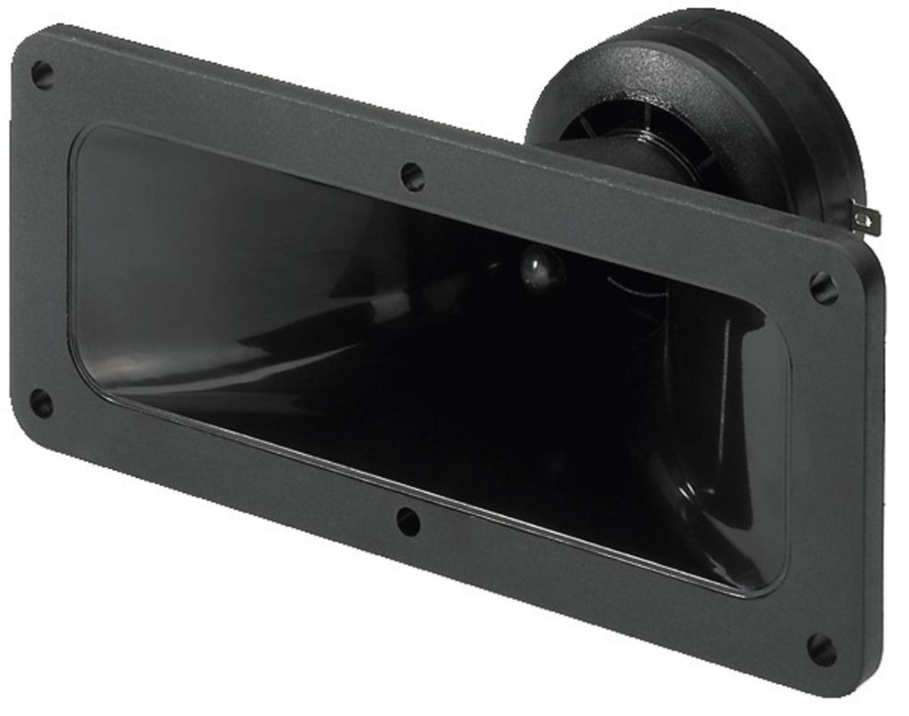A black piezo tweeter horn speaker is shown against a white background.