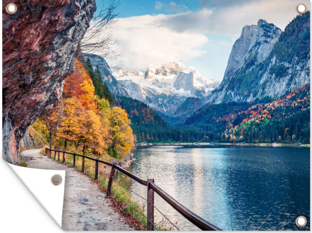 MuchoWow 80x60 cm Outdoor-Poster Gartendeko Sichtschutz Garten Poster für den Garten Berge - See - Weg - Natur - Wasser