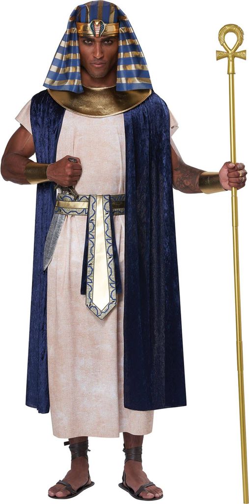 A man dressed in a Pharaoh costume, holding a staff.