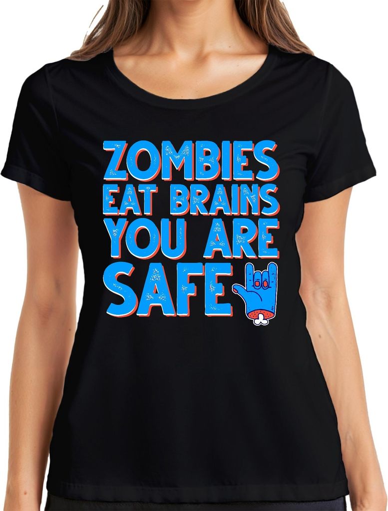 ZOMBIES EAT BRAINS YOU ARE SAFE Halloween Zombie Lustig Horror Damen T-Shirt, Schwarz, L
