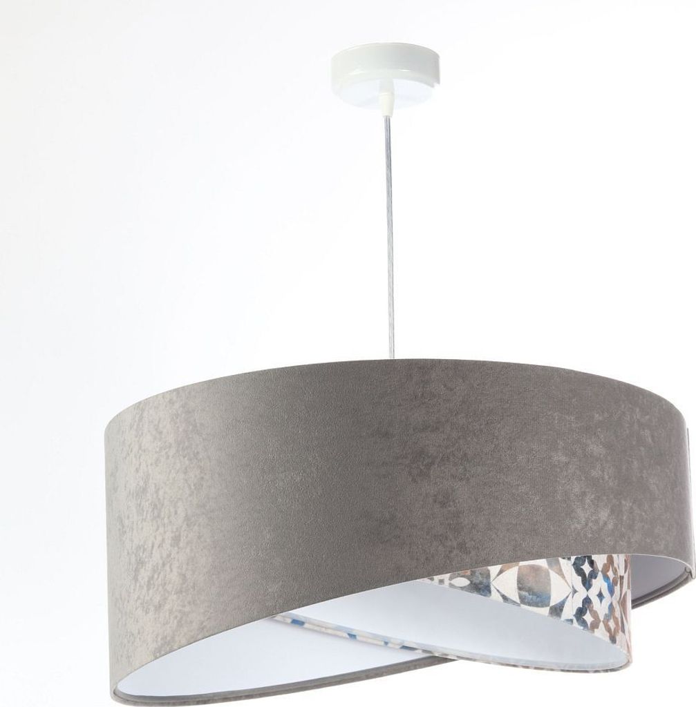 Pendelleuchte Stoff E27 D: 50 cm H: max. 102 cm Weiß Grau Beige (Vintage Print) rund Modern Hängelampe