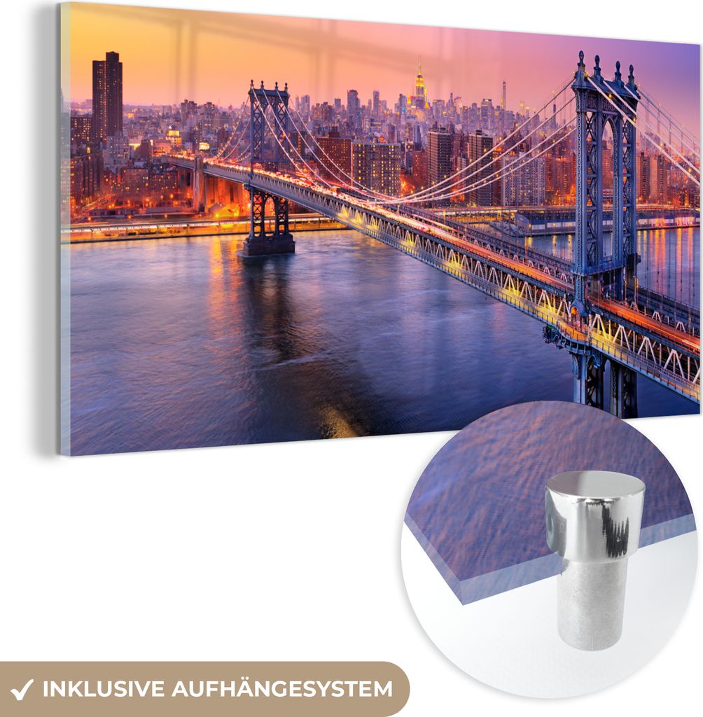 MuchoWow Glasbilder - Bilder auf Wandbild - Foto auf Glas New York - Brooklyn-Brücke - Rosa 120x60 cm Wanddekoration aus Glas - Acrylglasbild - Ac...