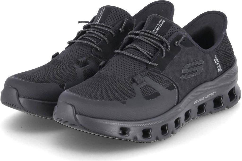 A pair of black Skechers Glide-Step Pro sneakers shown from a slightly elevated side angle on a white background.