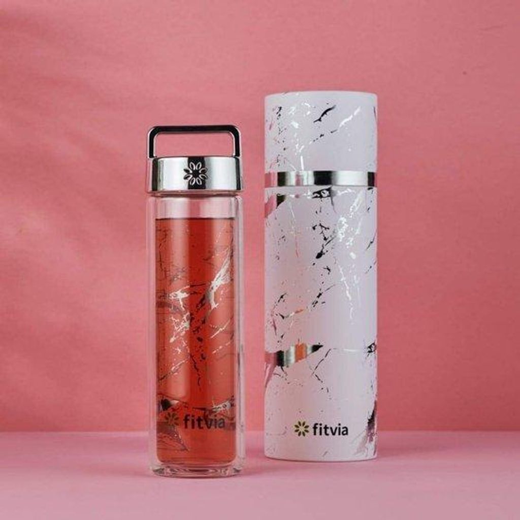 Isolierender Thermosbecher 380 ml, doppeltes Glas, integrierte Teezentrifuge, Tragetasche, Wärme- und Kühlfunktion, Silber