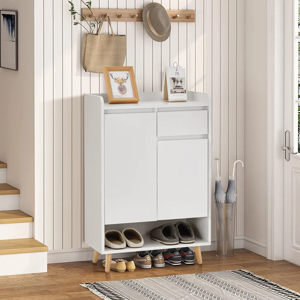CLIPOP Armoire à Chaussures en Bois Blanc à 5 Niveaux avec 2 Portes