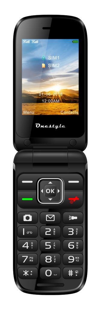 A black flip phone is shown open, displaying its screen and keypad.